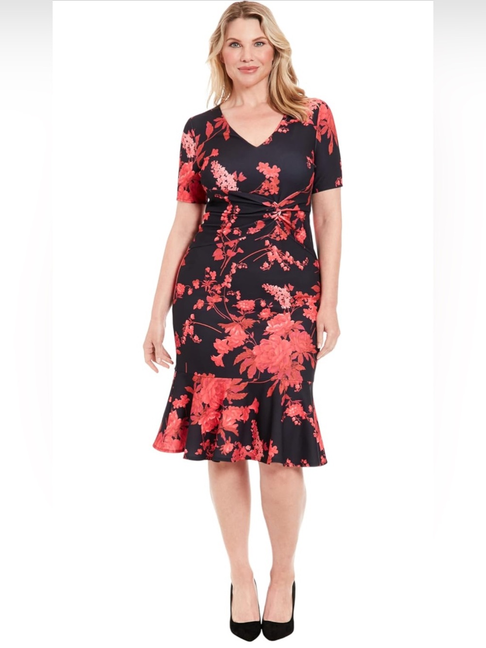 NWT London Times Floral Short Sleeve Dress Black Coral Size 8 New In Packaging